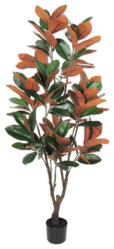 5' Green Brown Artificial Magnolia Leaf Tree Plant, Black Pot