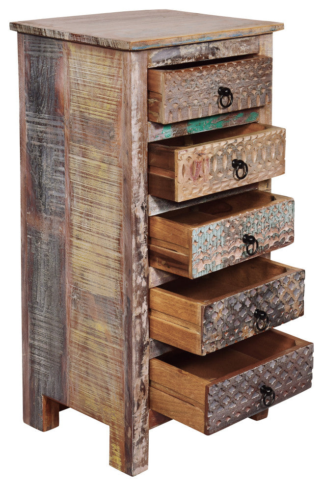Willards Boho Handmade Reclaimed Wood 5 Drawer Chest, Multicolored and Natural