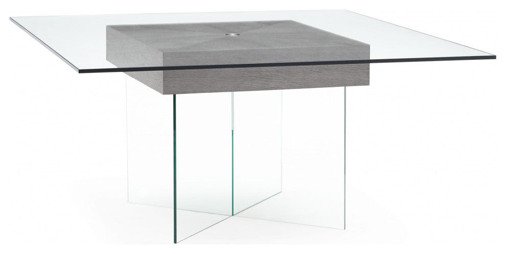 63" X 63" X 30" Gray Oak Veneer Glass Dining Table