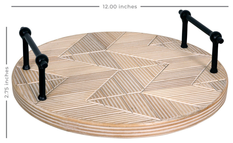 Modern Rustic Carved Chevron Round Tray With Handles