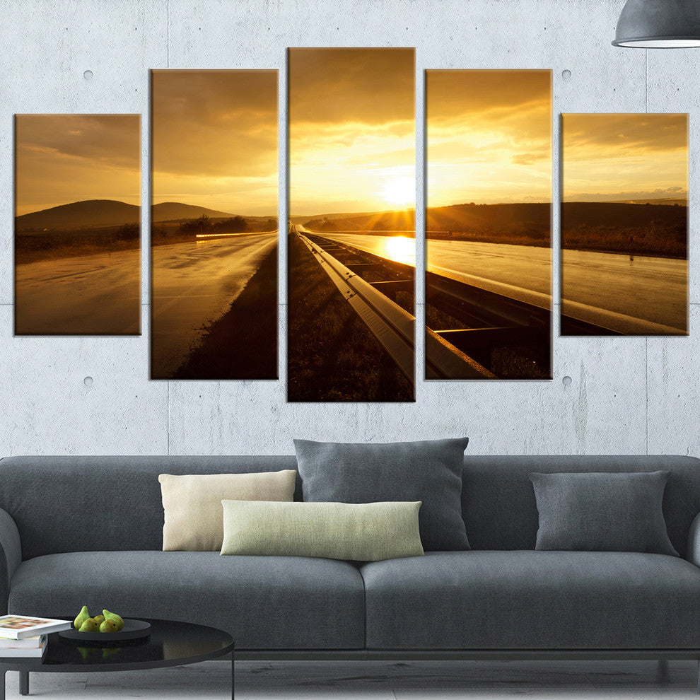 "Wet After Rain Road At Sunset" Extra Large Wall Art Landscape, 5Panel, 60"x32"