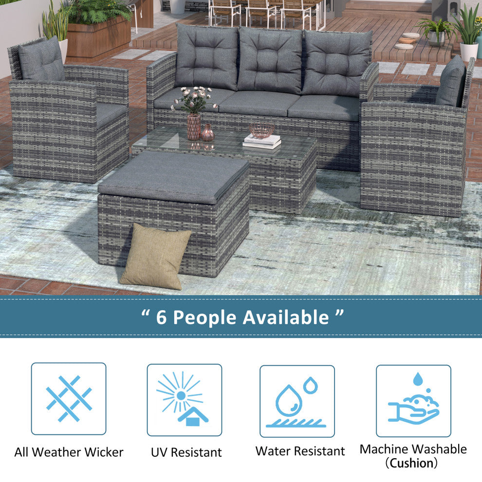 5 Pieces Outdoor Rattan Patio Sectional Sofa Set With Storage Bench