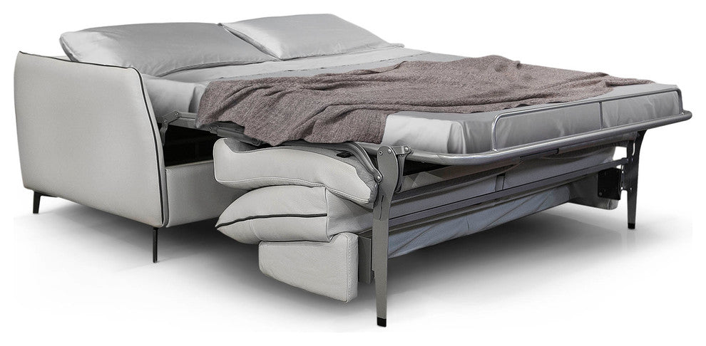 Dodo Sofa Bed, Top Grain Italian Leather, Stainless Steel Mechanism, Light Gray