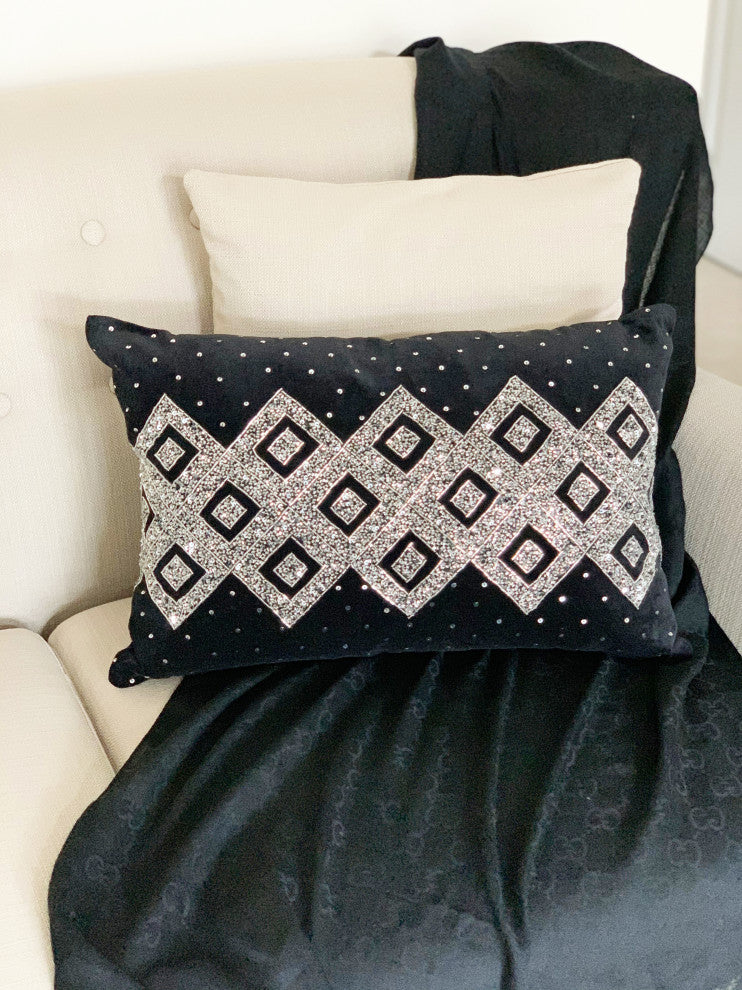 Decor Maisonette 100% Handmade Naya Lumbar Accent Throw Pillow, Black 16"x24"x4"