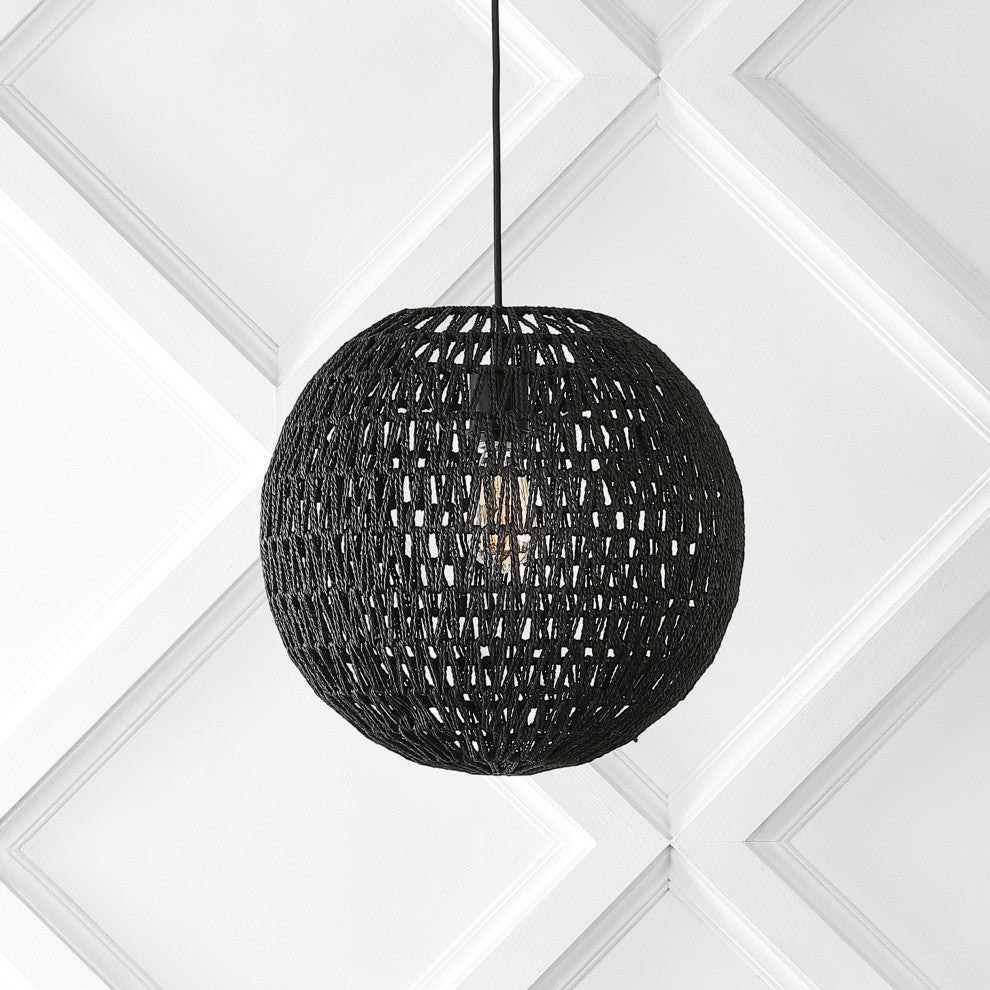 Luna 15.75" 1-Light Bohemian Modern Woven Rattan/Iron LED Pendant, Black