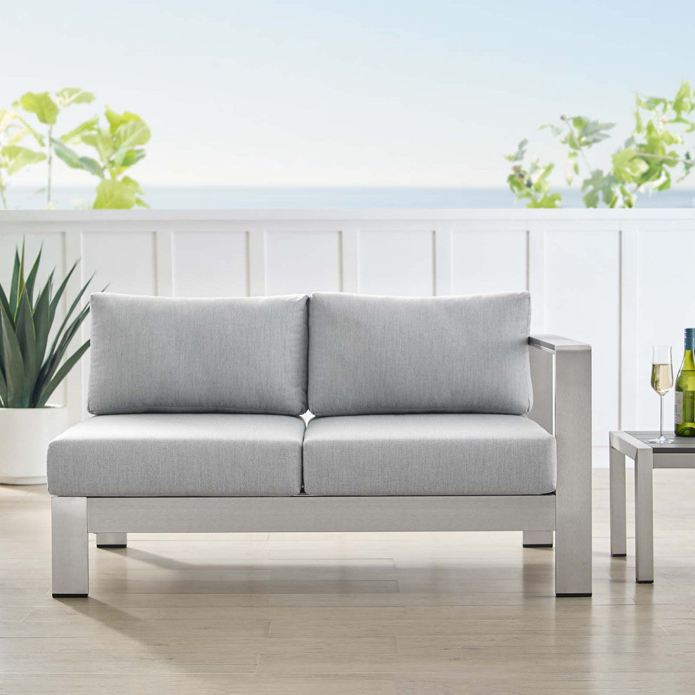 Lounge Loveseat Sofa, Sunbrella, Fabric, Aluminum, Silver Gray, Outdoor