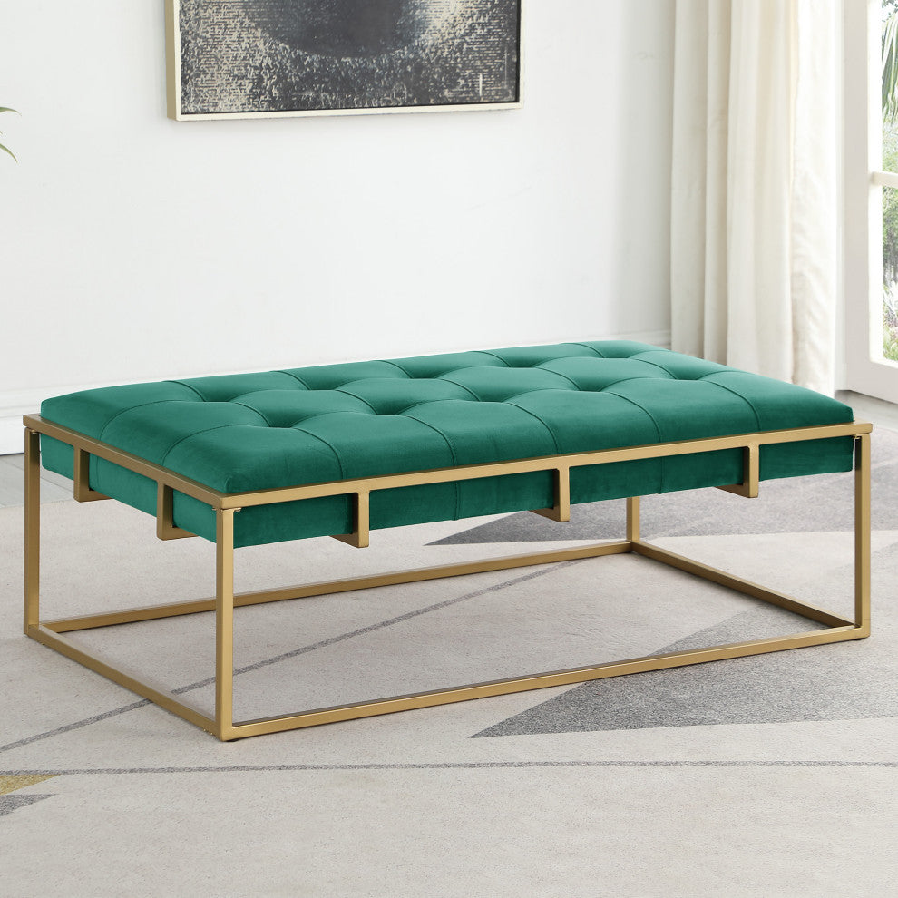 Anika Contemporary Velvet Tufted Rectangular Ottoman with Gold Base, Green