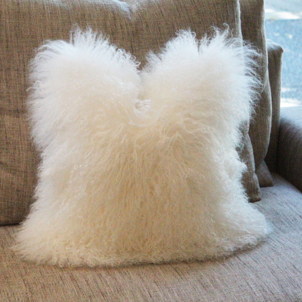 Genuine Mongolian Sheepskin Throw Pillow with Insert (16+ Colors), OffWhite