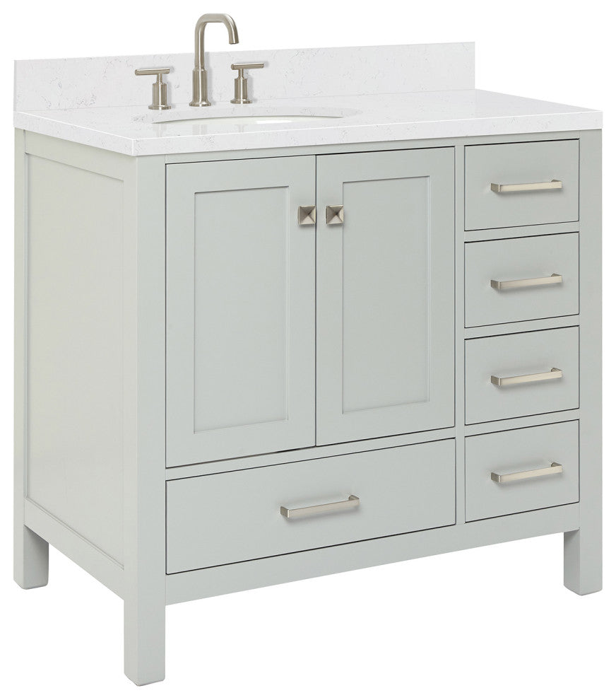 Ariel Cambridge 36" Left Offset Single Oval Sink Vanity, Carrara Quartz, Gray