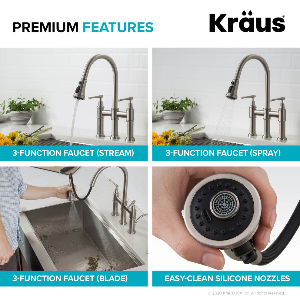 Allyn Traditional 3-Function Bridge Pull-Down Kitchen Faucet Spot Free Stainless