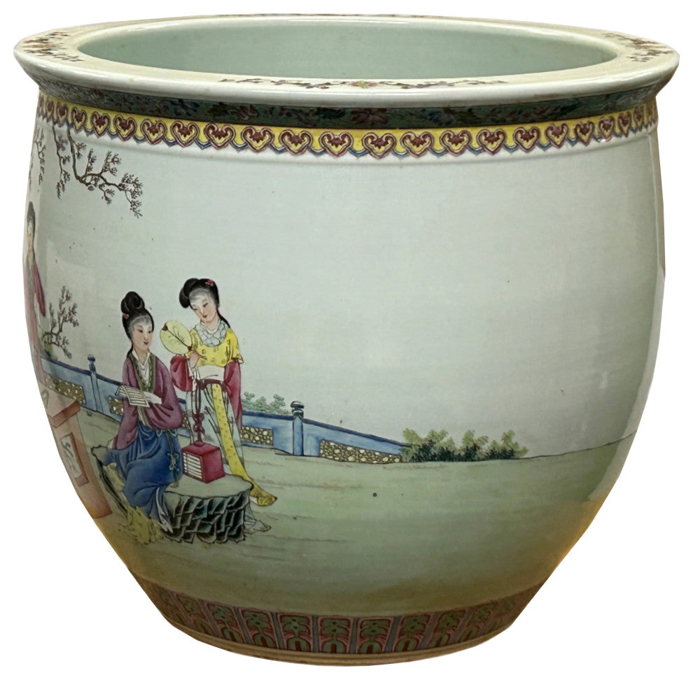 Vintage Chinese Handpainted People Scenery Porcelain Round Pot Vase