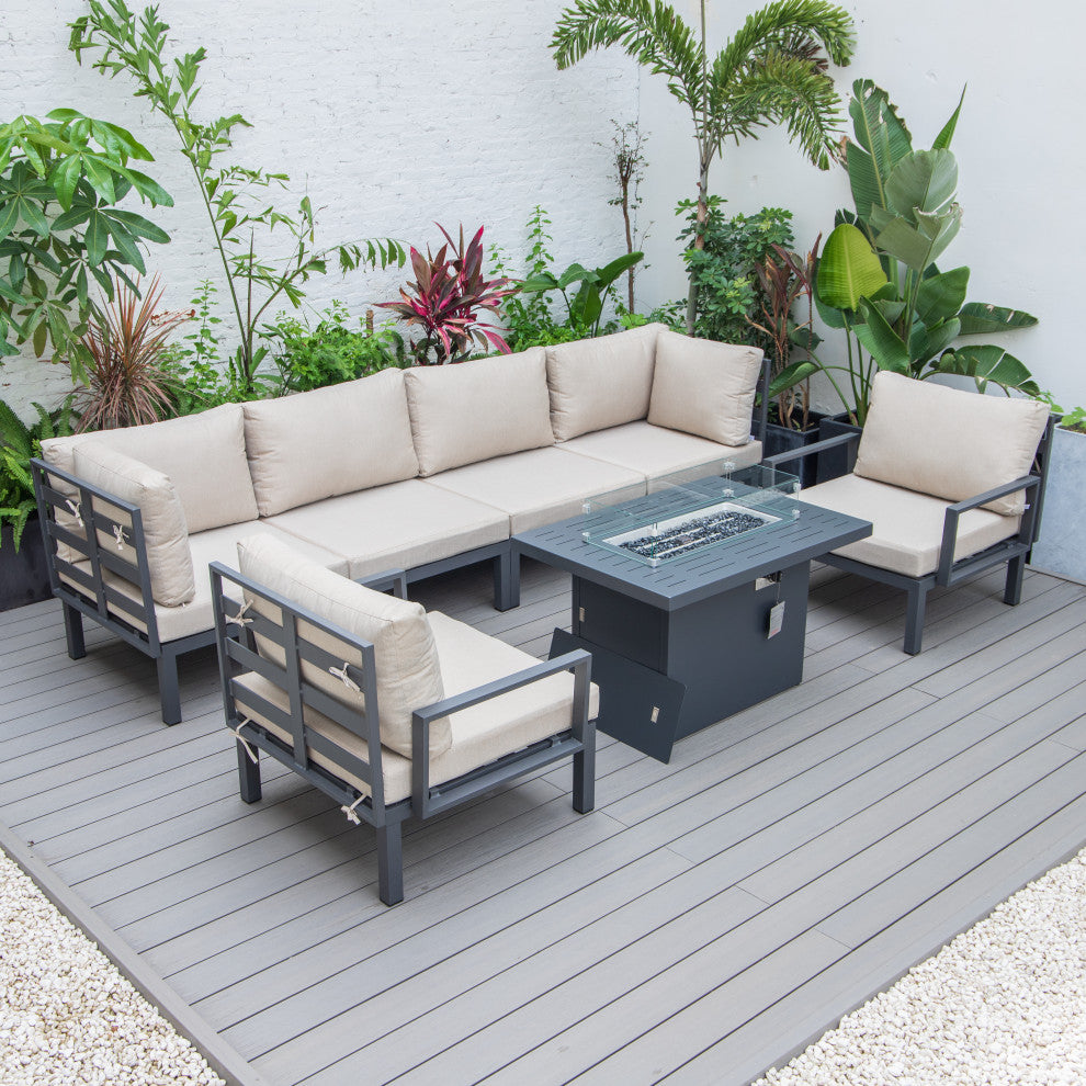 LeisureMod Hamilton 7-Piece Patio Sectional Set With Fire Pit Table, Beige