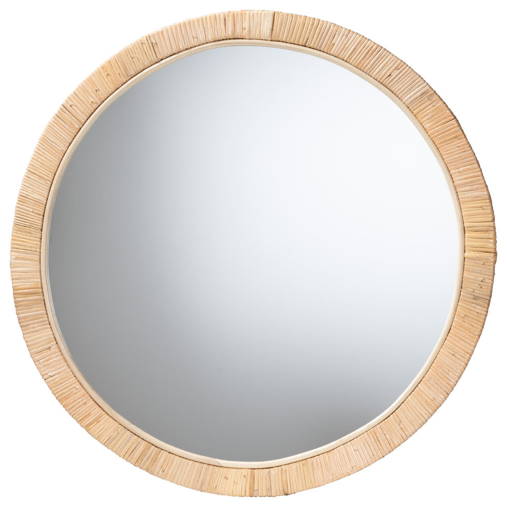Bella Modern Bohemian Natural Brown Mahognay Wood and Natural Rattan Mirror