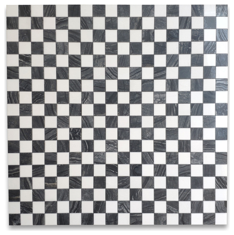Silver Wave Black Forest Thassos White Marble Checkerboard Tile Polish, 1 sheet