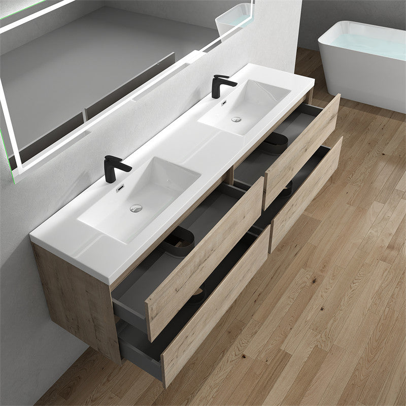 Ashley 84'' Floating Vanity, Acrylic Top, Double Sink, Light White Oak