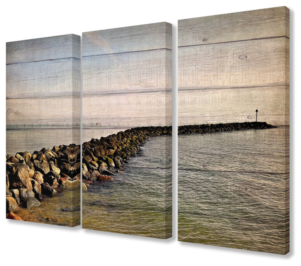 Rock Path Ocean Planked Look Photography Triptych Canvas Wall Art Set, 16"x24"