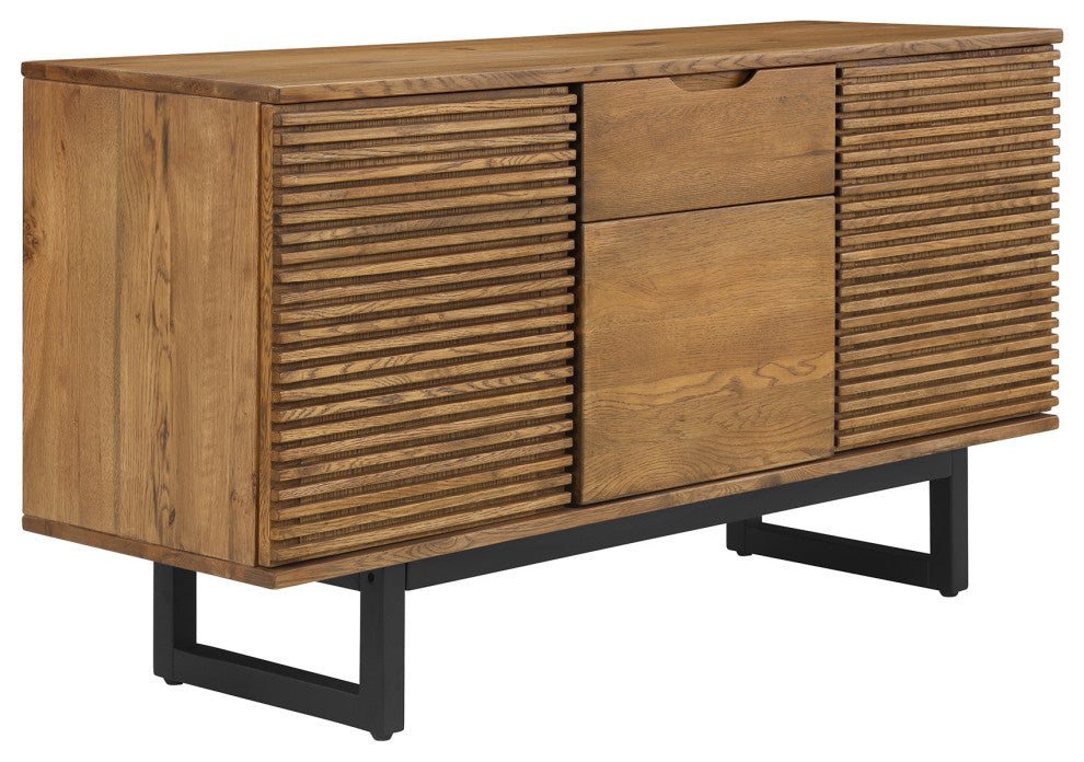 Aldo Brown Oak Sideboard Buffet Cabinet, Brown Oak Wood With Black Metal Legs