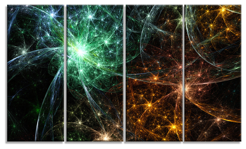 Green Orange Colorful Fireworks, Abstract Canvas Art Print, 48"x28", 4 Panels