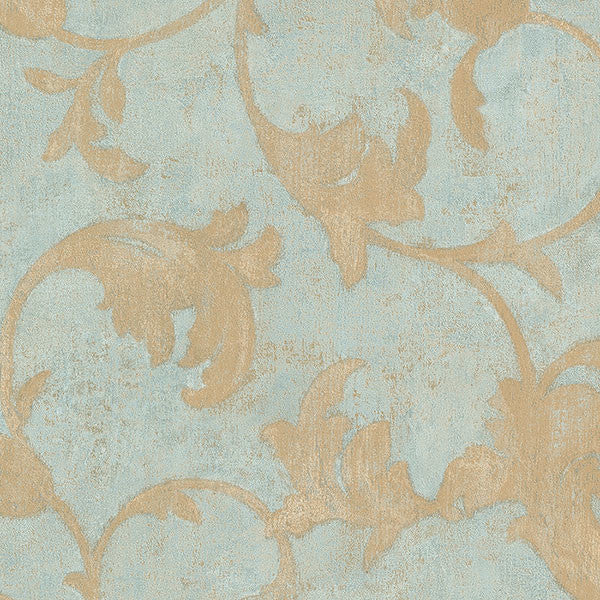 Textured Scroll Wallpaper, Aqua and Gold, 1 Bolt
