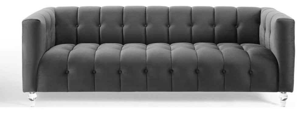 Tufted Sofa, Velvet, Dark Gray, Modern, Living Lounge Hotel Hospitality
