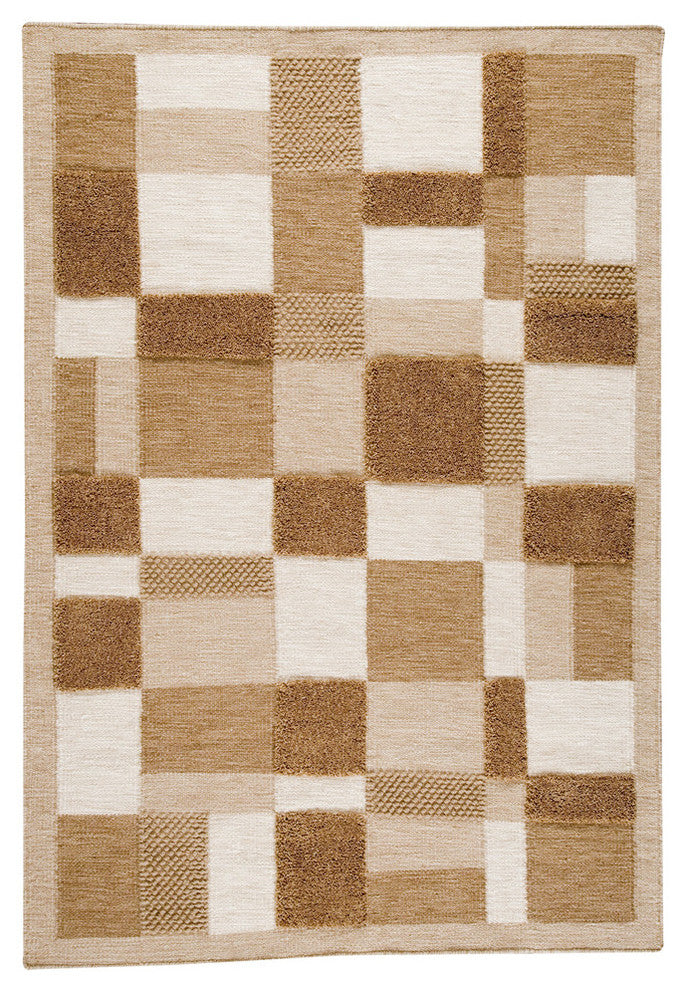 Hand Woven Beige Wool Area Rug, Beige, 5''6"x7''10"