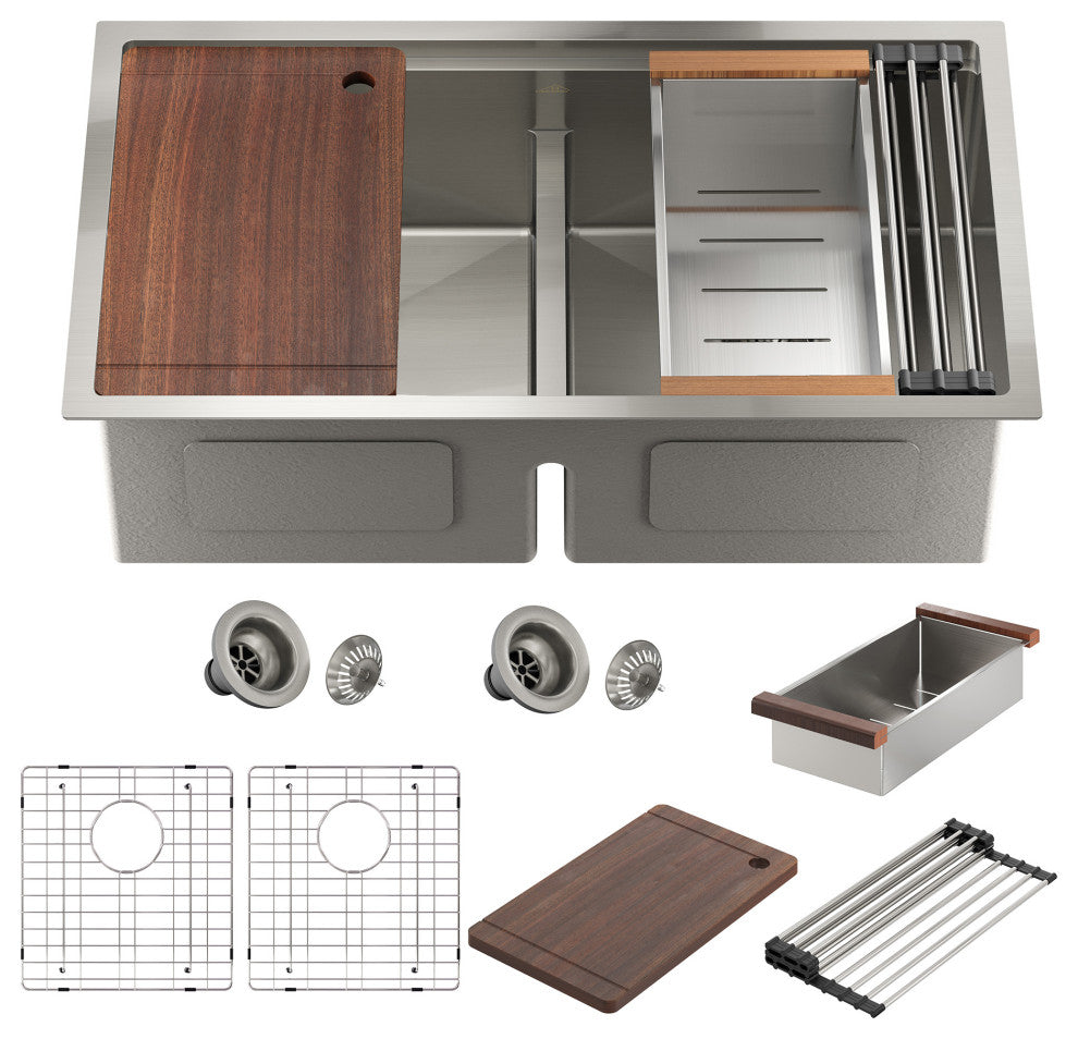 Undermount Stainless Steel 33-inch Double Bowl Kitchen Sink in Brushed