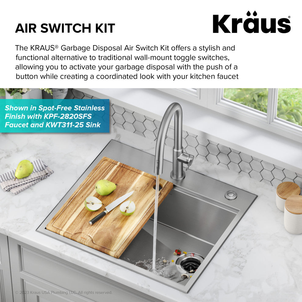 KRAUS Garbage Disposal Air Switch Kit w Push Button, AC Adapter, Cord, Tube, Matte Black