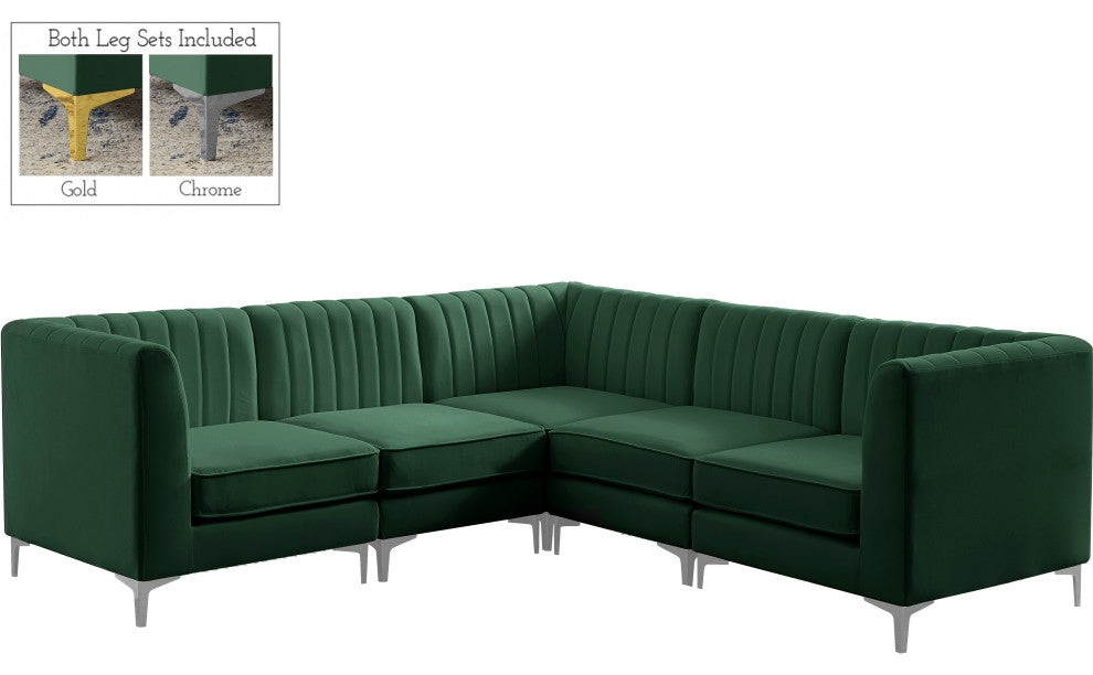 Alina Velvet Modular L-Shaped Modular Sectional, Green, 5-Piece: 2 Armless Chair, 3 Corner Chair