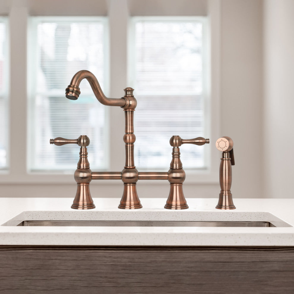 Two-Handles Copper Bridge Kitchen Faucet with Side Sprayer, Antique Copper