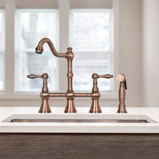 Two-Handles Copper Bridge Kitchen Faucet with Side Sprayer, Antique Copper