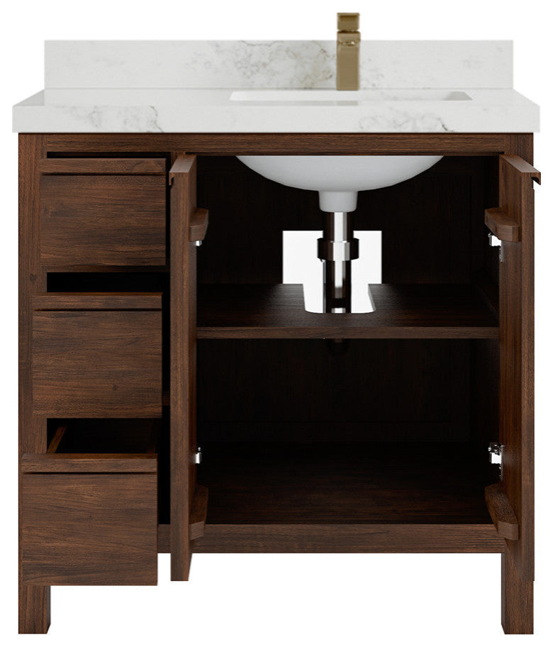 Elizabeth 36 Right Offset Bath Vanity in Dark Walnut Teak 2" Calacatta Nuvo