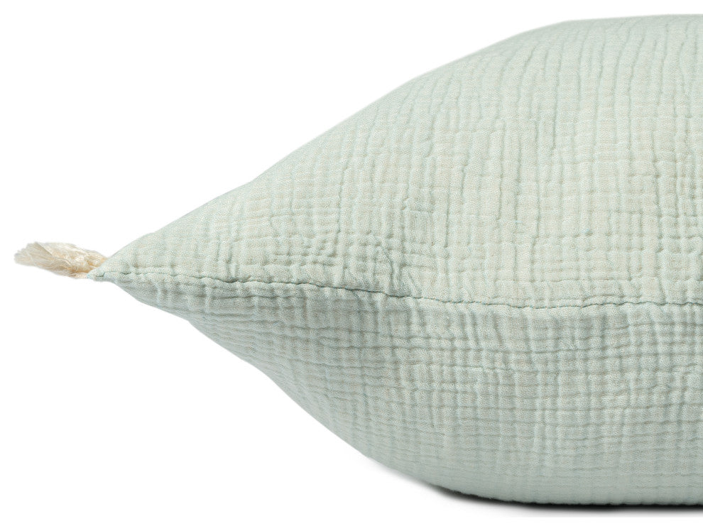 Cream/ Beige Solid Fringed Organic Turkish Cotton Throw Pillow, Green