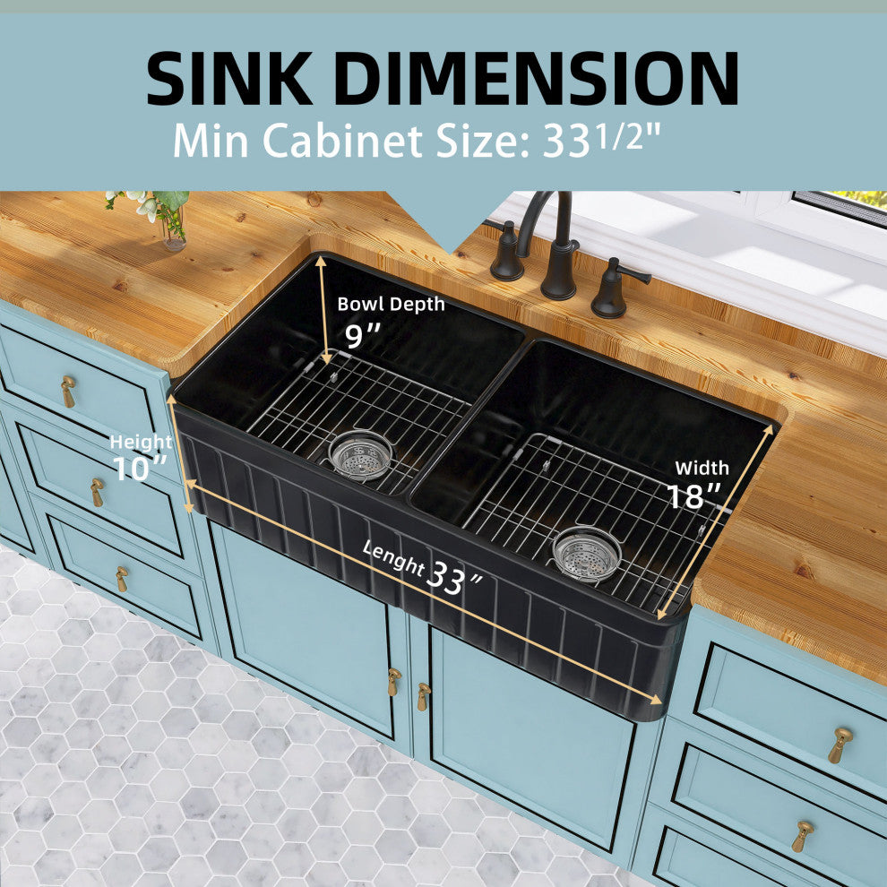 Black Fireclay 33 Inch Double Bowl Farmhouse Apron Front Kitchen Sink