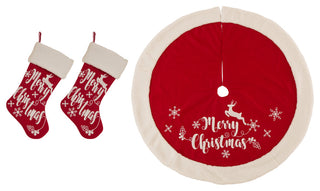 Set of 3 Fabric Christmas Decoration, Stocking and Tree Skirt