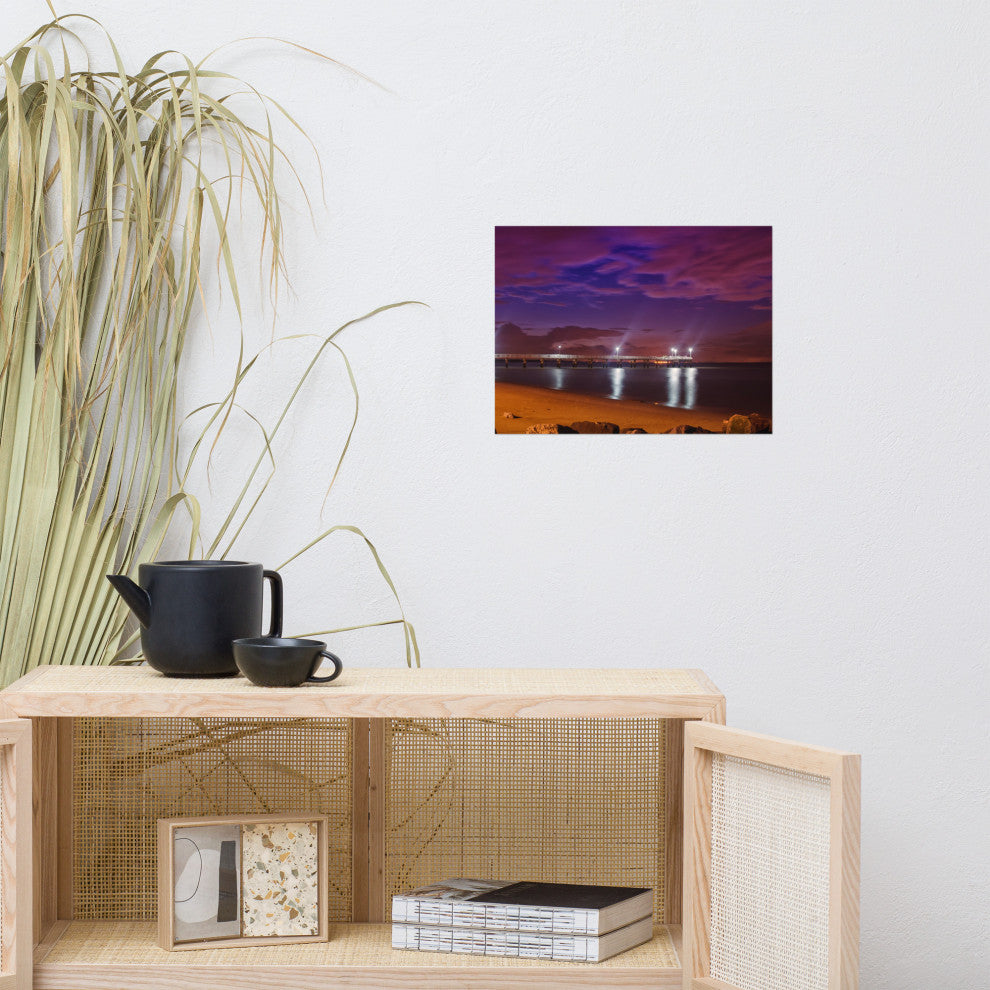 The Pier at Woodland Beach Night Coastal Photo Unframed Wall Art Print, 12" X 16"