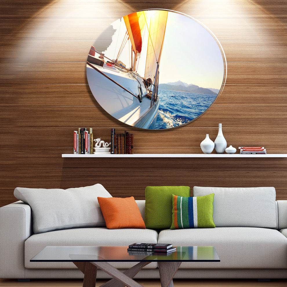 Sailboat Sailing In The Blue Sea, Seashore Round Wall Art, 23"
