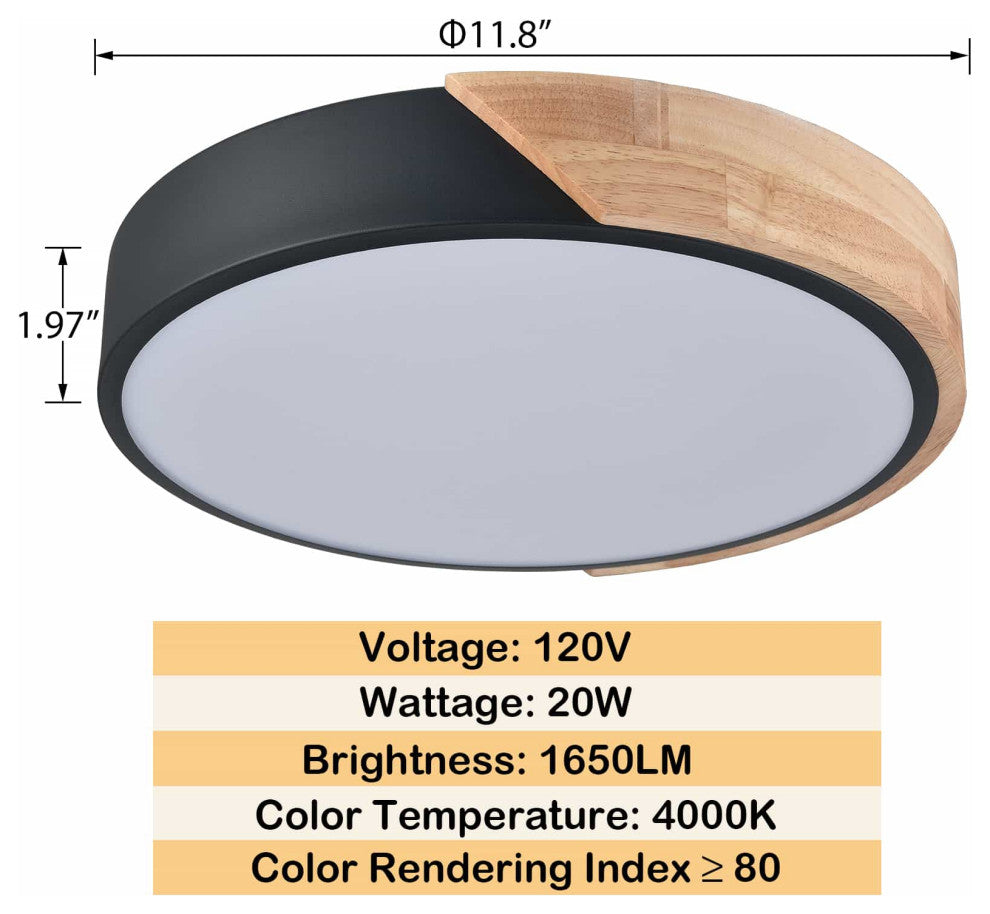 Modern LED Flush Mount Ceiling Light 2-Pack,Black and Wood Finish