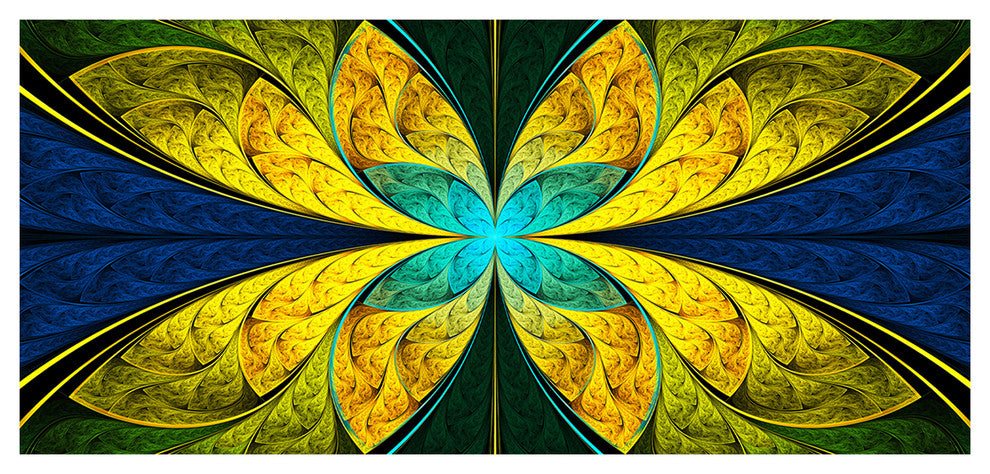 Bright Yellow Blue Fractal Flower, Large Floral Canvas Art Print, 60"x28"