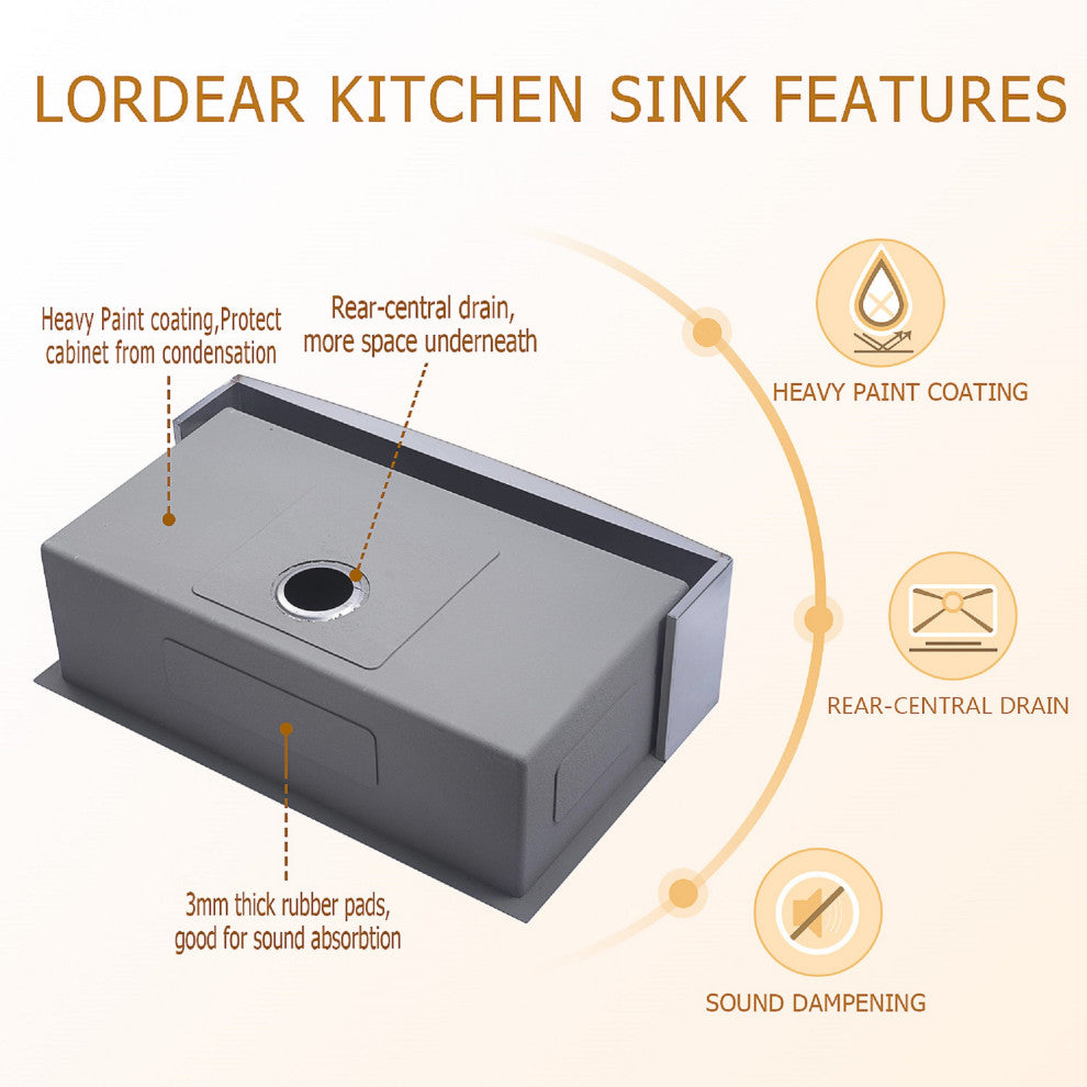 30" Stainless Steel Farmhouse Kitchen Sink 16 Gauge Single-Bowl Sink R10 Corner