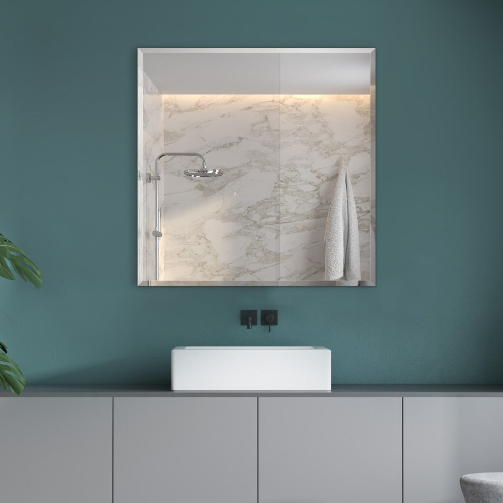 Square Beveled Polished Frameless Wall Mirror With Hooks, 24"