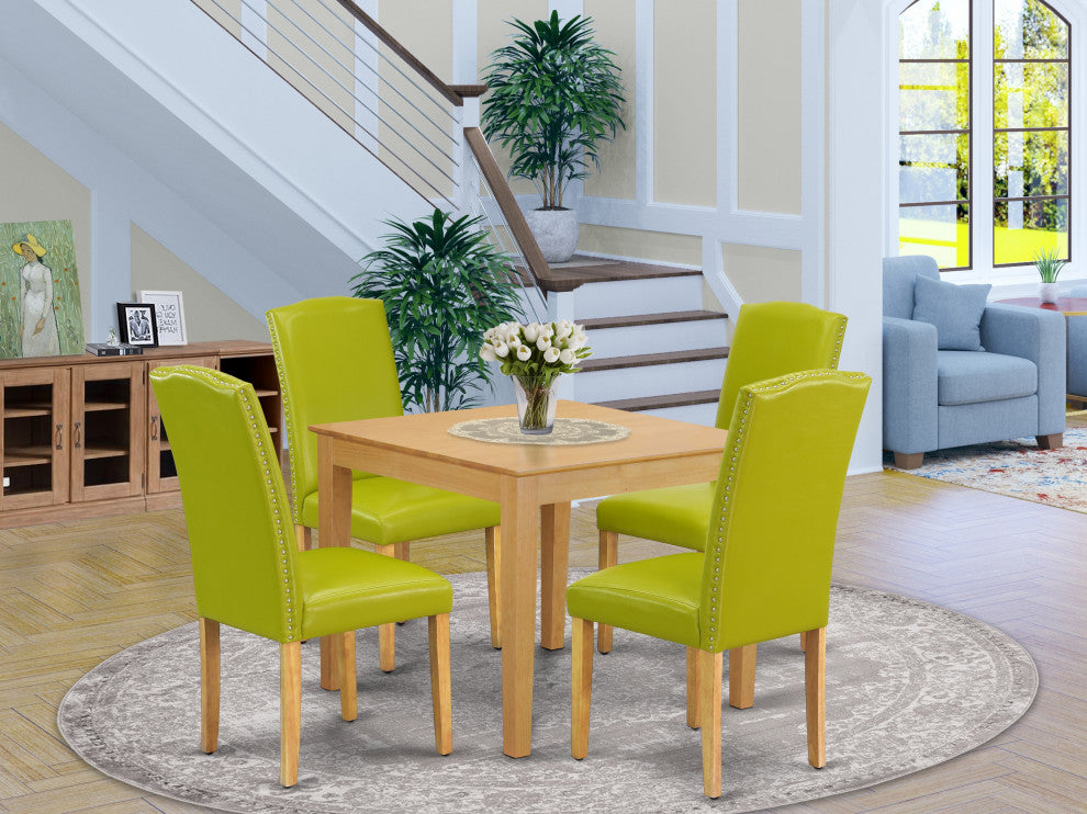 5Pc Square 36" Table, Four Parson Chair, Oak Leg, Pu Leather Color Autumn Green