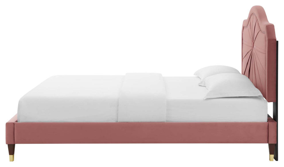 Platform Bed Frame, Full Size, Velvet, Pink, Modern Contemporary, Bedroom Master