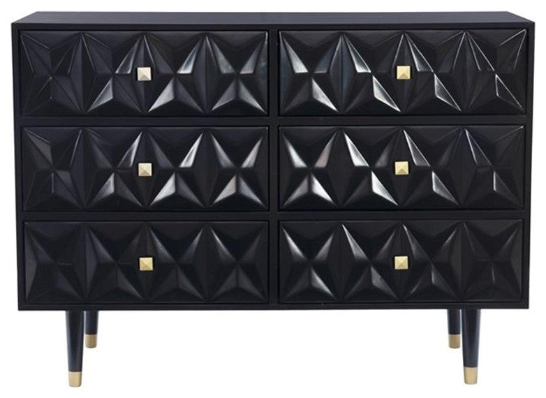 Linon Alick Wood Geo Texture 6 Drawer Dresser Gold Hardware in Glossy Black