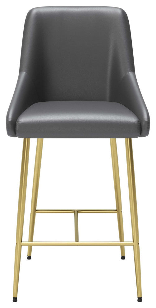 Counter Stool Chair, Faux Vinyl Leather, Steel, Gray, Gold, Cafe Bistro