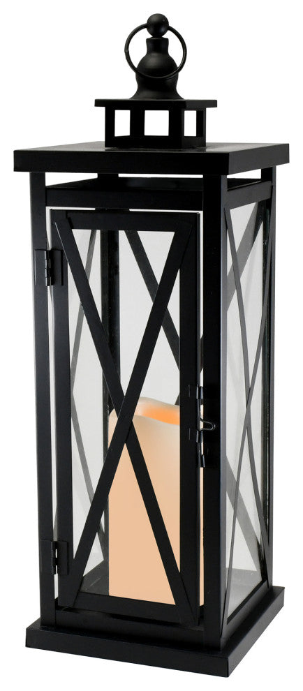 Metal Lantern, Black Criscross with Battery Operated LED Candle