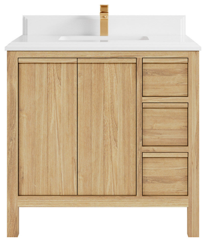 Elizabeth 36 Center Sink Bath Vanity in Light Natural Teak 1.5" White Quartz