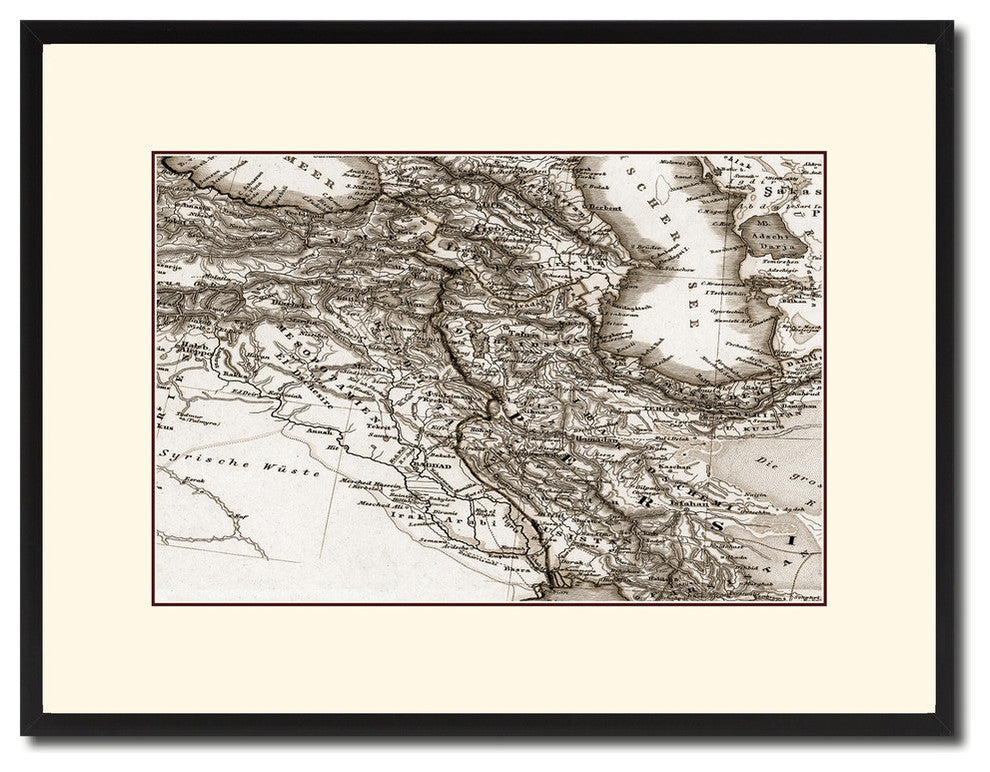 Iraq Vintage Old Sepia Map Print On Canvas With Black Custom Frame, 16" X 21"