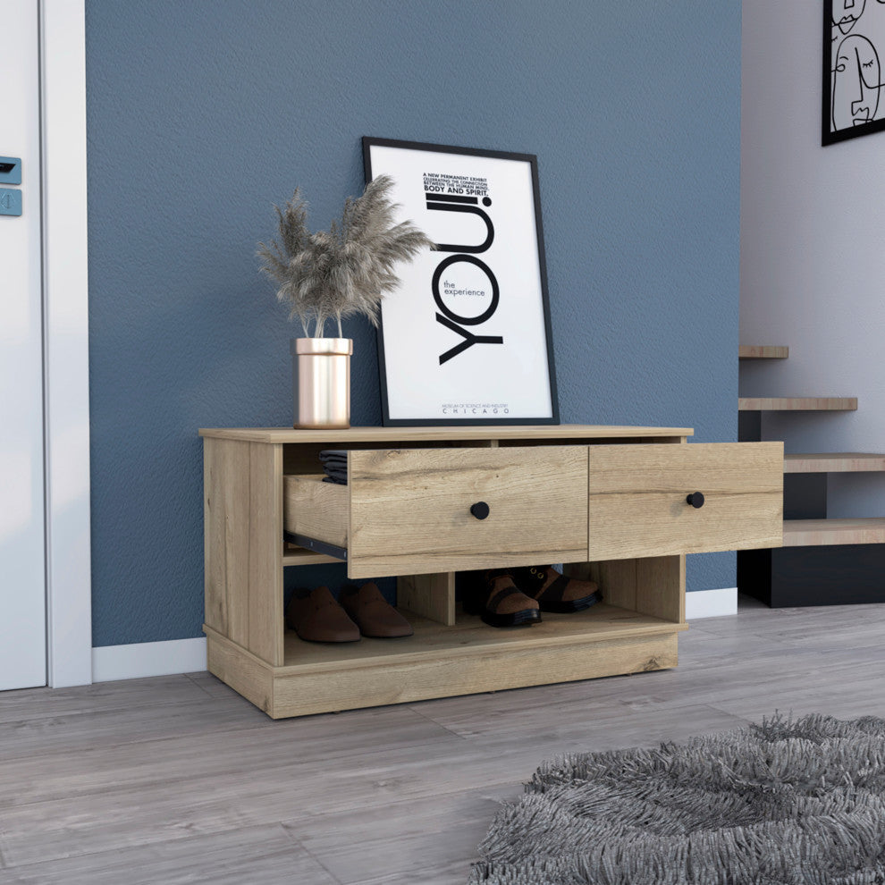 Tulip Storage Bench with 2 Drawers and 2 Open Shelves, Light Oak