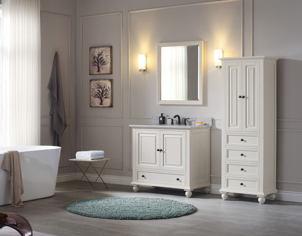 Avanity Thompson 37" Vanity, French White Finish, Carrera White Marble Top