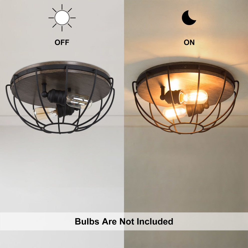 LNC Farmhouse 2-Light Balck Cage Flush Mount Ceiling Light With Wood Accent